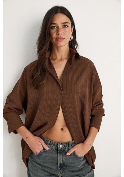 Shade Kadın Düşük Omuz Oversize Basic Bürümcük Gömlek 60392 60271069 - Kahverengi