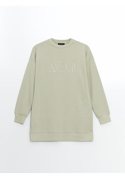 Lcw Modest Gri Bisiklet Yaka Nakışlı Oversize Kadın Sweatshirt Tunik