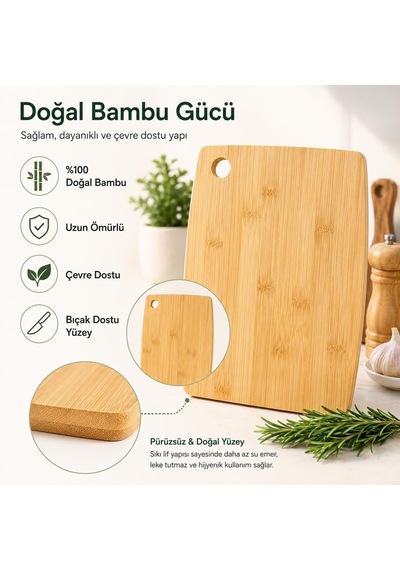 Bambu Kesme Tahtası 2'li Set - Doğal Ahşap Kesme Ve Sunum Tahtası - Büyük Küçük Boy - Bıçak Dostu Yüzey - As Diğer