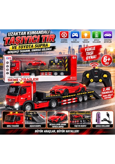Uzaktan Kumandalı Taşıyıcı Tır Ve Toyota Supra Şarjlı 6 Kanal 2.4g Işıklı Oyuncak Araç Seti