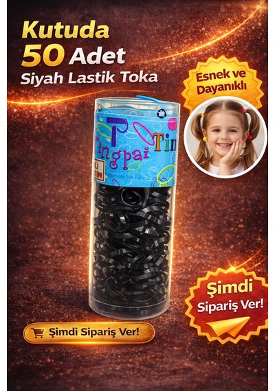 50 Adet Siyah Lastik Toka Seti Kutu İçinde Siyah Renkli Saç Lastiği Çocuk Ve Kadın Saç Tokası Açık Kahve