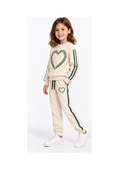 Rony Pony Kids Kız Çocuk Ekru Yeşil Kalp Desenli Şeritli Eşofman Takımı Sweatshirt Ve Jogger Pantolon Beyaz Yeşil