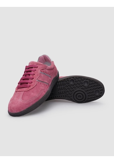 %100 Hakiki Deri Pembe Süet Bağcıklı Kadın Sneaker Pembe