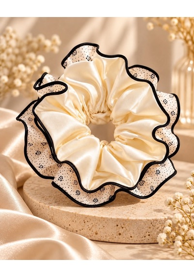 Ekru 4 Katmanlı Çiçek Desenli Fırfır Scrunchie Saç Tokası