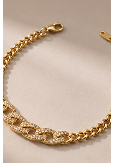 Balenbi Jewelry Kadın Taşlı Kalın Gurmet Zincir Kararmaz Çelik Bileklik Gold Renk 1132 Altın