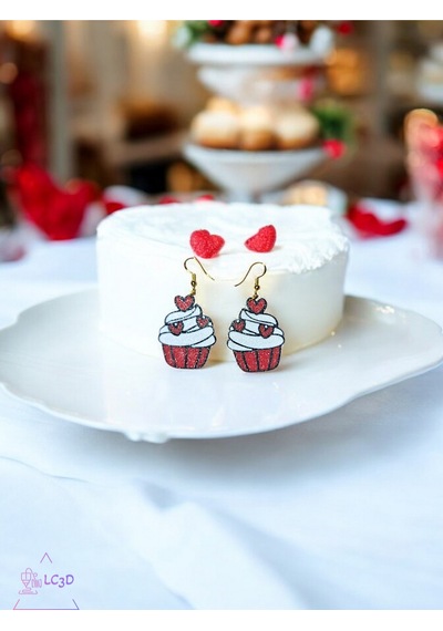 Kalpli Cupcake Küpe Çifti - Sevgililer Günü Temalı Işıltılı Kırmızı Ve Beyaz Tasarım Aksesuar Beyaz