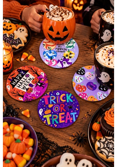 Trick Or Treat Renkli Halloween Temalı 4 Lü Bardak Altlığı Set 9 Cm, 3 Mm Ahşap Mdf, Dijital Baskı - 933735897 Diğer