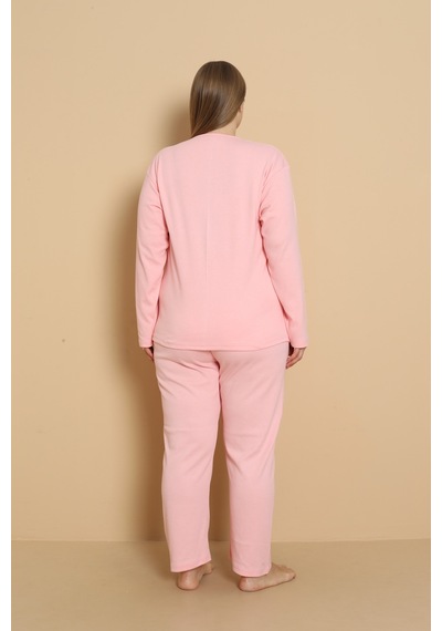 Wordex Fawn 1110 İnterlok Büyük Beden Kalpli Kışlık Ev Kadın Pijama Takımı Pembe