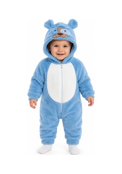 Kız Erkek Bebek Welsoft Peluş Tulum Kapüşonlu Fermuarlı Kışlık Bebek Tulumu Köpek Figürlü Yumuşak Polar Tulum Mavi