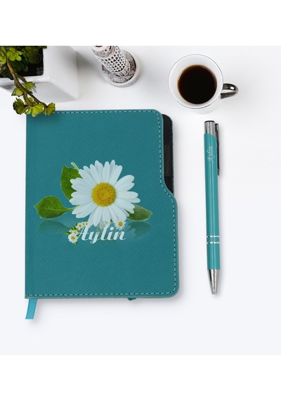 Kişiye Özel Papatya Temalı Turkuaz Termo Deri Defter Kalem Seti-4