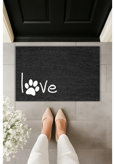 Rugmood Modern Dijital Baskı Paspas - Patili Love - Kapı Önü Paspası 70x45cm Siyah