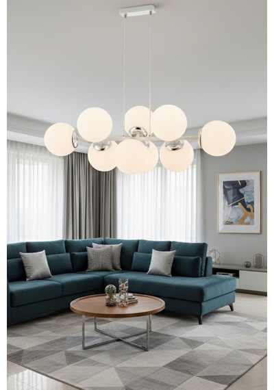 Cross 8'li Beyaz Glob Camlı Krom - Beyaz Modern Sarkıt Avize Oturma Odası Salon Gri Gri