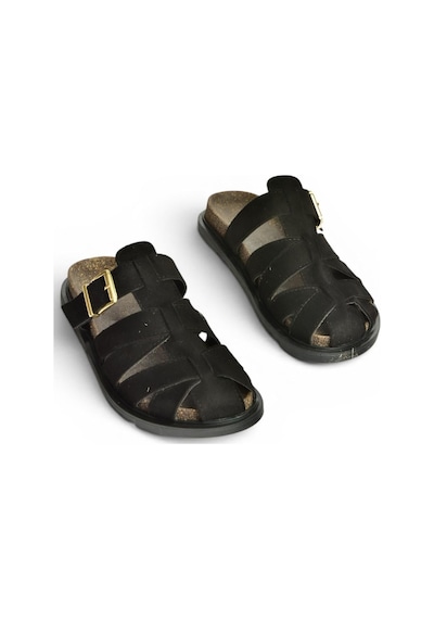 Fox Shoes Y596549502 Siyah Süet Tokalı Önü Kapalı Kadın Terlik