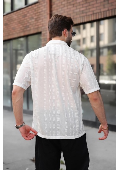 Madmext Beyaz Dalga Desenli Regular Fit Erkek Gömlek E6771