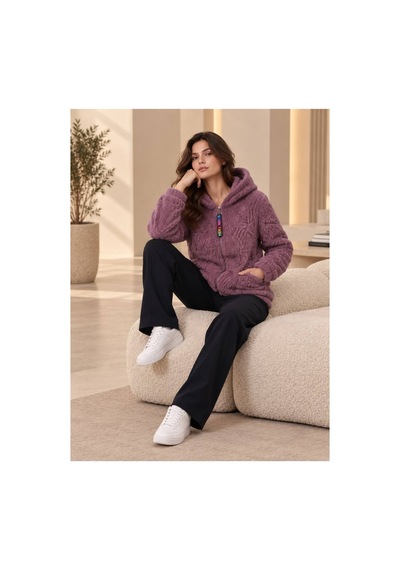Öners Kadın Kapşonlu Peluş Fermuarlı Sweat Oversize Yumuşak Polar Hoodie Kışlık Sıcak Tutucu Gümüş Gümüş