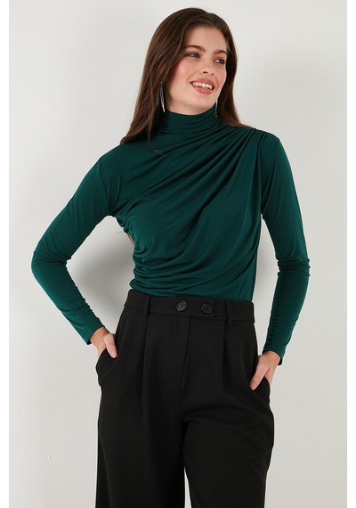 Lela Streç Büzgü Detaylı Slim Fit Dik Yaka Bayan Bluz 669925 Nefti