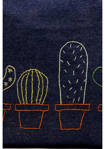 Fabric Craft Bag El Çantası Kot Kumaş Ahşap Saplı Kaktüs Nakışlı İçi Astarlı Mıknatıslı 38x30 Cm Kot Lacivert