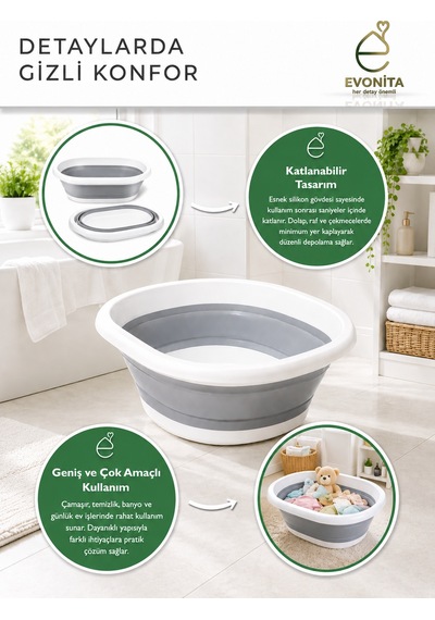 3 Lü Katlanabilir Çamaşır Leğeni Seti Çok Amaçlı Silikon Katlanır Leğen Yer Tasarruflu Banyo Temizlik Seti Gri