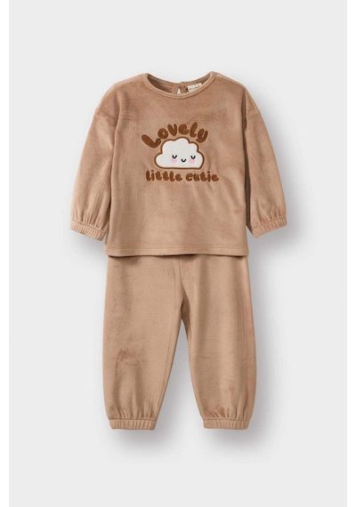 Defacto Kız Bebek Pijama Takımı Bulut Baskılı Uzun Kollu Welsoft Pelüş Üst Uzun Alt G1527a525wnbg400 Bej-bg400
