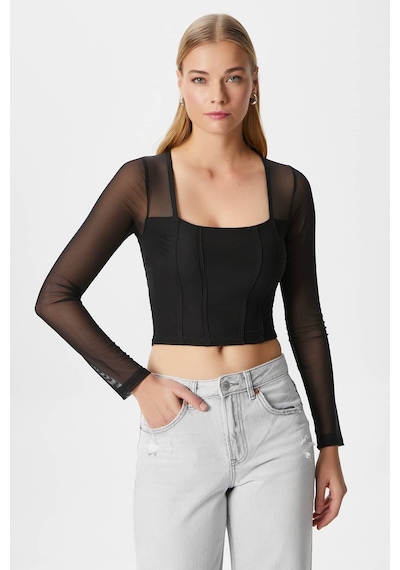 Ritnice Kadın Alina Korse Görünümlü Siyah Tül Crop Bluz