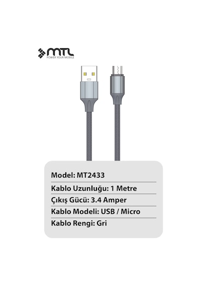 3.4a Usb To Micro Metal Başlıklı Silikon Hızlı Şarj Ve Data Aktarım Kablosu Gri 1 Metre Mt2433