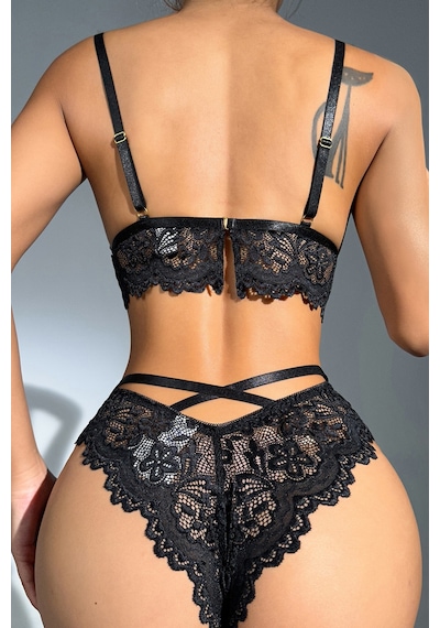 Ang Butik Kadın Siyah Tokalı Çapraz Lastik Detaylı Dantel İç Çamaşır Takımı