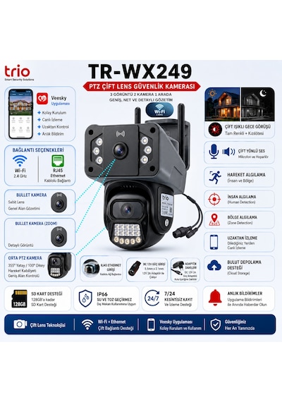 Trio Tr-wx249 Ptz Çift Lens Wifi 12v Ip66 Güvenlik Kamerası 3 Görüntü Veesky Uygulama