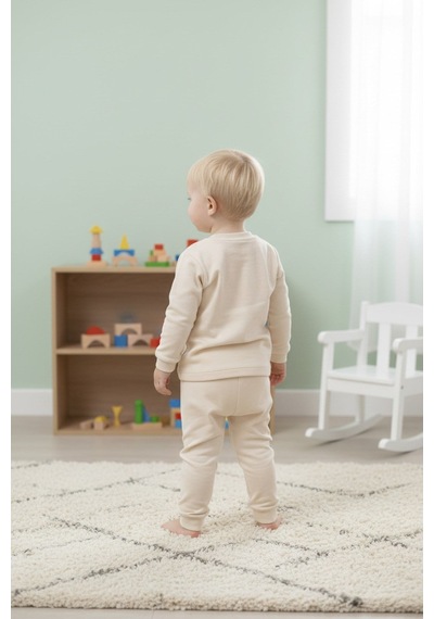 Aden Kids Mevsimlik Pamuklu Kumaş Çocuk Pijama Takımı Bej Rengi