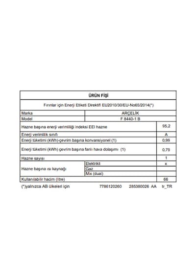 Arçelik F 8440-1 B 66 L Ocaklı Fırın Beyaz