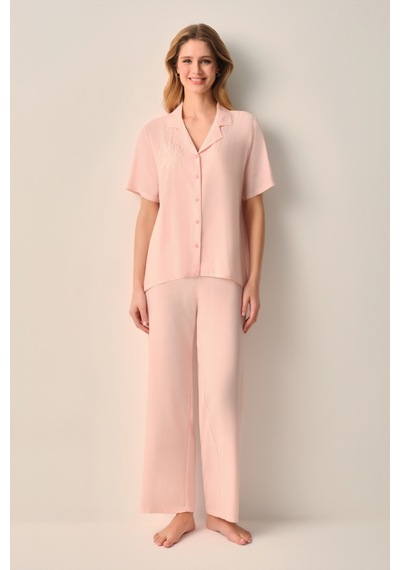 Suwen Stripe Gömlek Yaka Pijama Takımı Sh26539660b919 Pembe
