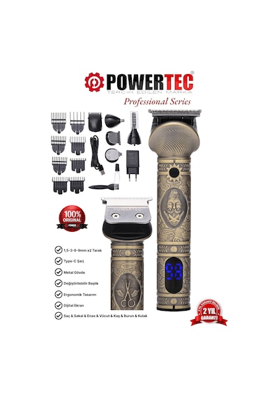 Powertec TR-1000 Tıraş Makinesi 6in1 Saç Sakal Vücut Kulak Burun Erkek Bakım Kiti