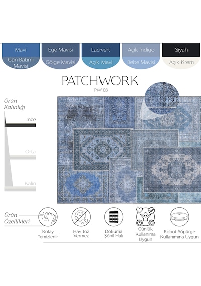 Cool Halı Patchwork Mavi Lacivert Vintage Eskitme Bohem Şönil İnce Halı Salon Oturma Odası Halısı