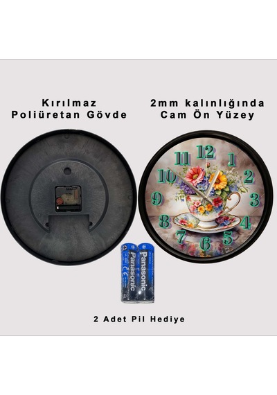 Çiçek Buketli Porselen Fincan Tasarımlı Dekoratif Duvar Saati 28 Cm Sessiz Mekanizma Çok Renkli