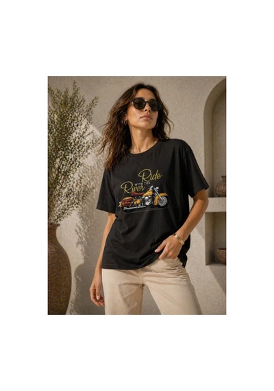 Butik İstanbul Motosiklet Baskılı Tişört Bisiklet Yaka Kısa Kol Yazlık T-shirt - Siyah