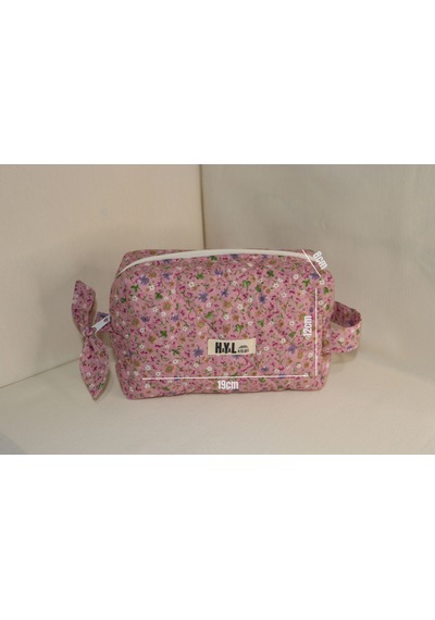 Pembe Çiçekli Kapitone Makyaj Çantası / Organizer - %100 Pamuk Kumaş Pembe - Mini Çiçekli