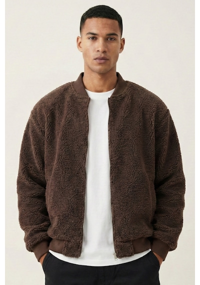 Genius Store Erkek Mont Peluş İçi Astarlı Oversize Geniş Kalıp Sherpa Kuzu Kumaş Spor Mont Kahverengi