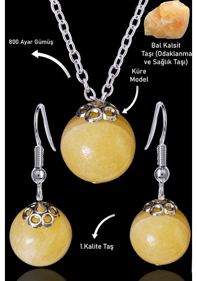 Sertifikalı Küre Model Bal Kalsit Taşı Kolye Ve Küpe Seti - Gümüş Çok Renkli