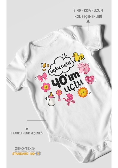 Morivokids Uçtu Uçtu 40'ım Uçtu Kısa Kollu Bebek Body %100 Pamuk Beyaz