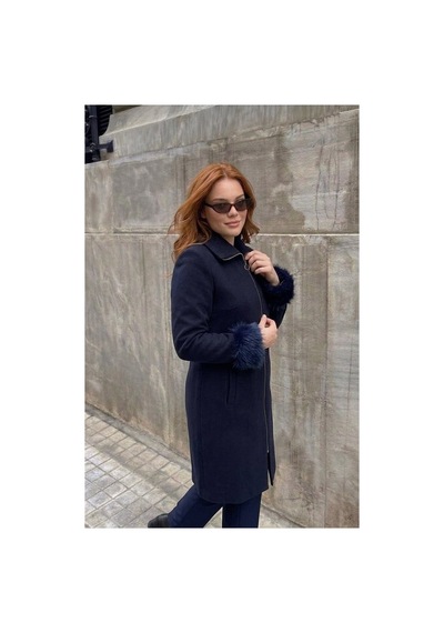 Onno Style Women Kol Ağzı Kürklü Çelik Örgü Triko Kadın Kaban Lacivert