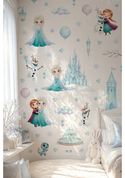 Karlar Ülkesi Temalı Duvar Sticker Seti 84 Parça Elsa, Anna, Olaf Buz Şatosu Çocuk Odası Sticker Dijital Baskı