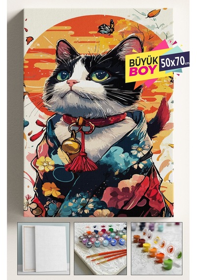 Sayılarla Boyama Seti Numaralı Tuval Fırça Boya Dahil Kasnaklı Set 50x70 Cm - Çıngıraklı Kedi
