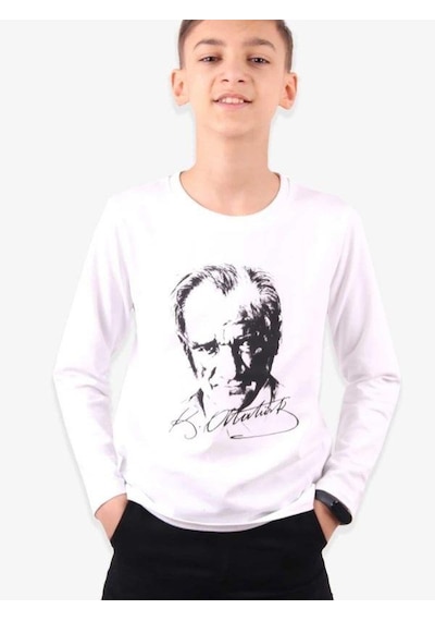 Breeze Çocuk Atatürk Baskılı İnce Uzun Kollu Pamuklu Bluz-13686-beyaz Beyaz
