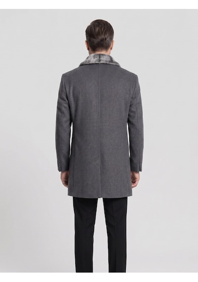 Plus Scorpion Erkek Uzun Kaşe Kaban Çıkartılabilir Kürk Yaka, Astarlı Ve Cepli Slim Fit Mont Antrasit