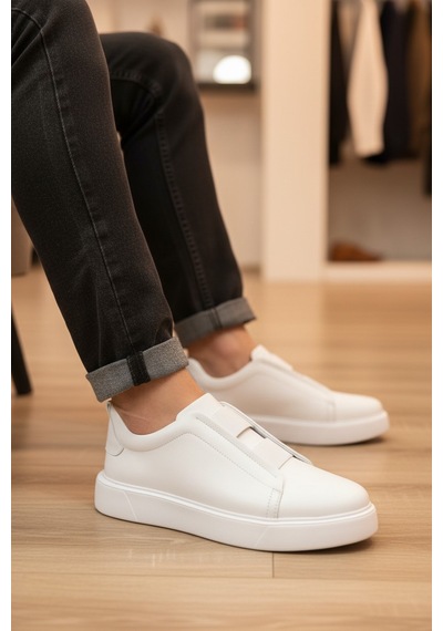 Enoch Hakiki Deri Kalın Tabanlı Bağcıksız Lastikli Erkek Sneaker Ayakkabı Beyaz