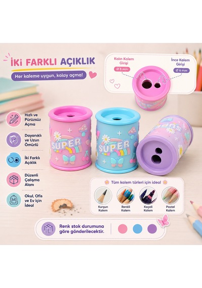 Bakgelal Super Desenli Çift Delikli Hazneli Kalemtraş Renkli Çocuk Kalem Açacağı Okul Ofis Kırtasiye Ürünü 1 Adet - 9032641100925