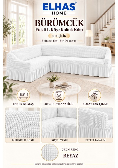 Bürümcük Kumaş 5 Kişilik Etekli L Köşe Koltuk Kılıfı Beyaz - 934819522 Beyaz