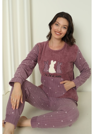 Wordex Fwn 04-3302 Peluş Welsoft Polar Kışlık Yumoş Tavşanlı Kadın Pijama Takımı Lila