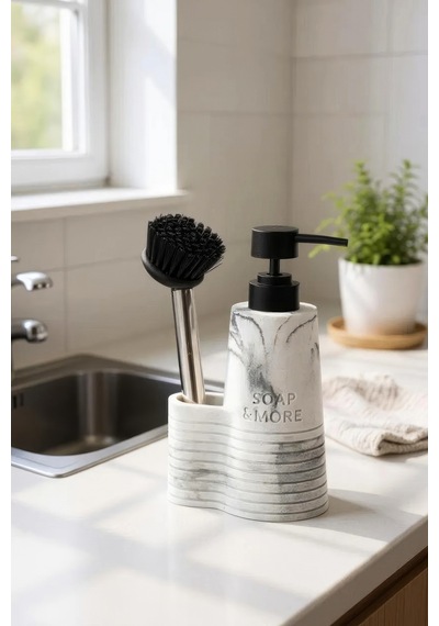 Buççin Online Mağaza Polyresin Mermer Fırçalı Tezgah Üstü Sıvı Sabunluk Mutfak Banyo Deterjanlık Poliresin Beyaz Çok Renkli