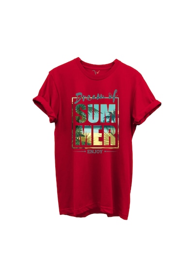 Dream Of Summer Yazılı Palmiye Ve Sahil Temalı %100 Pamuk Regular Fit Unisex T-shirt Kırmızı