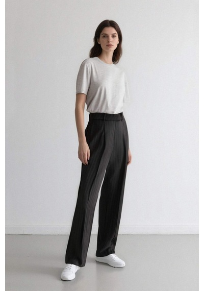 Defacto Sorbe x DeFacto Straight Fit Pantolon Yüksek Bel Çizgili Düz Paça Cepli D9921AX24AU Antrasit
